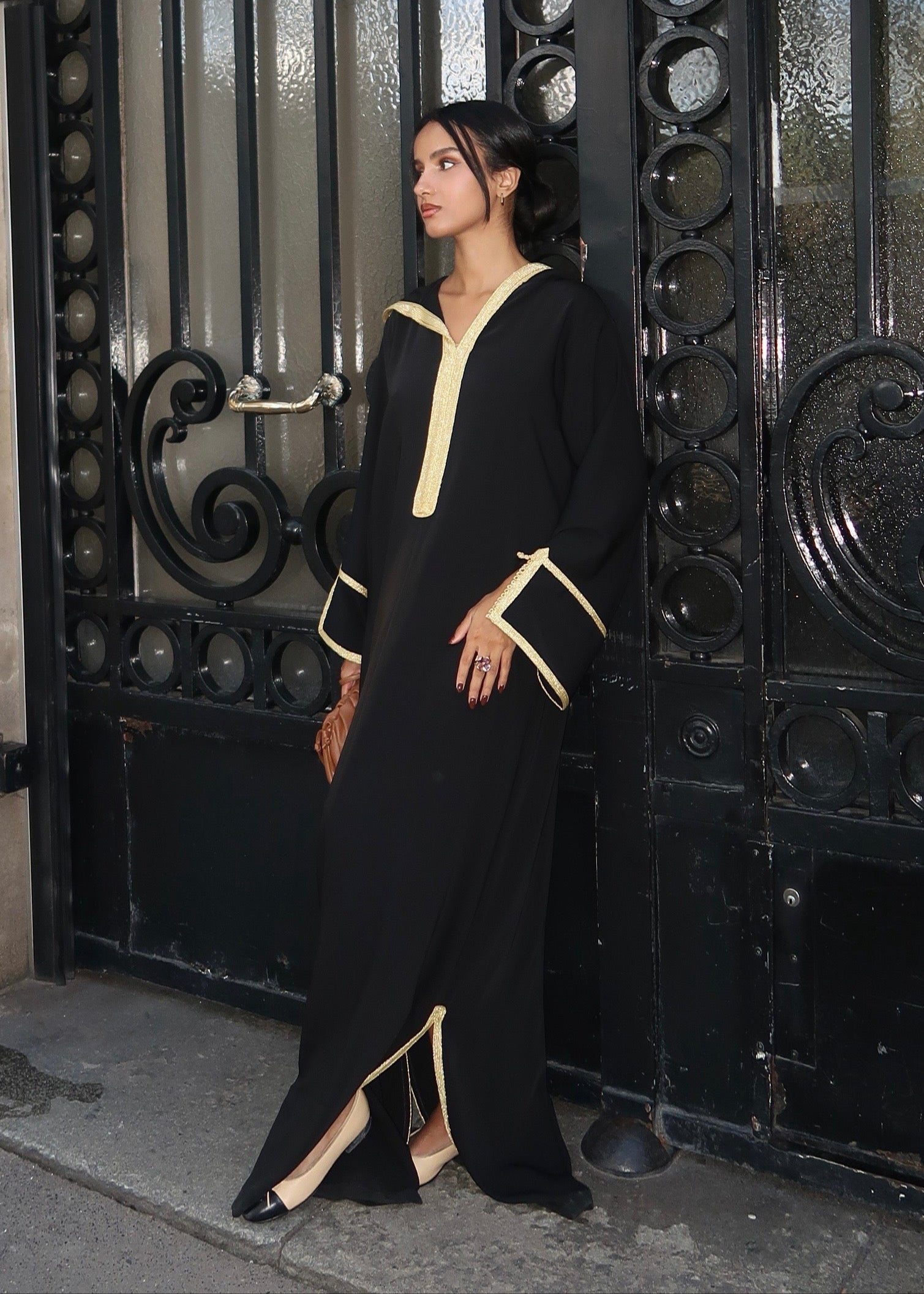 Black silk crepe Moroccan jellaba dress with golden handcrafted sfifa and hood