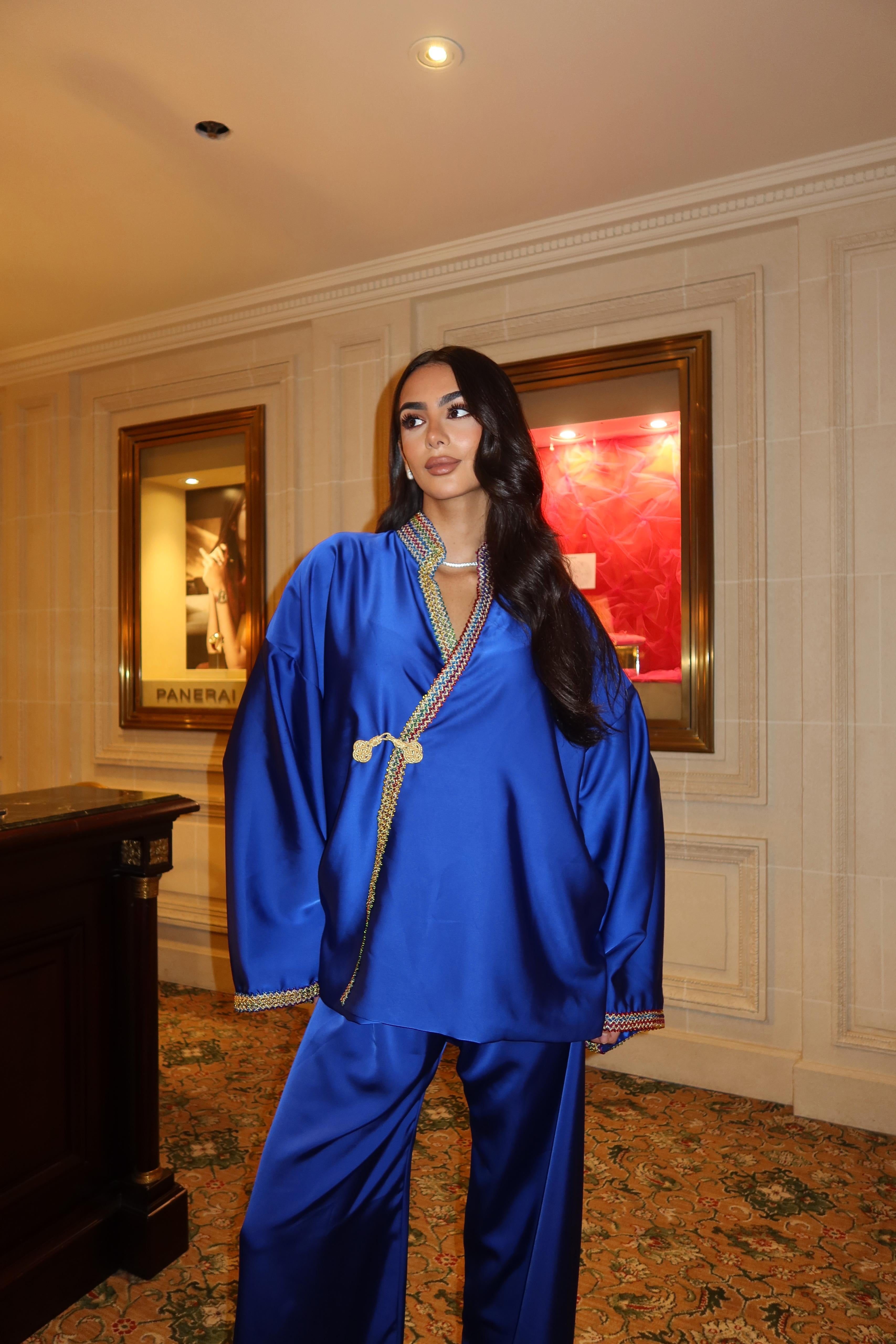 women's royal blue silk shirt and pants set, front view, with handmade Kabyle embroidery and elegant finishings