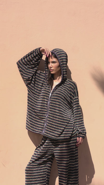 Gold, green and burgundy brocaded jacquard hoodie and pants ensemble with Moroccan sfifa, a modern and elegant outfit.