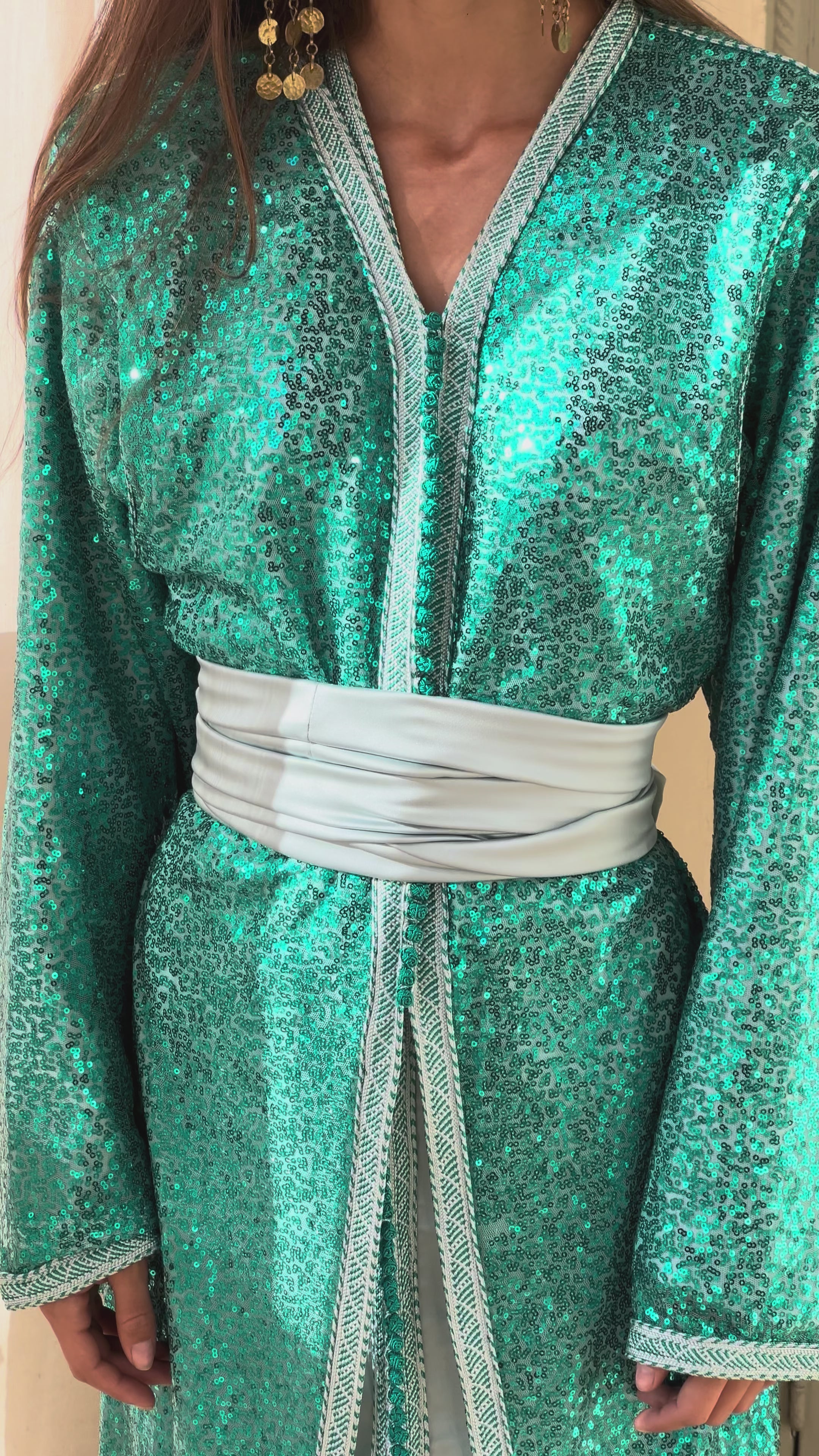Video of a turquoise Kaftan in sequined tulle with silk lining - elegant and refined attire for wedding or evening.