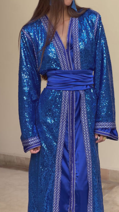 Video of a blue Kaftan in sequined tulle with silk lining - elegant and refined attire for wedding, party or evening.