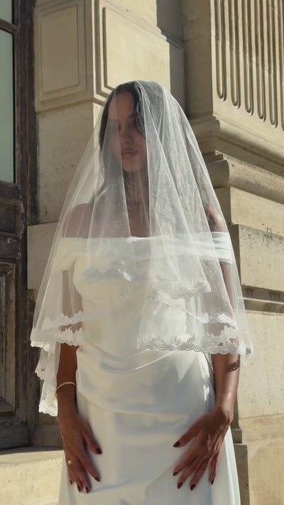 Video of short bridal veil with floral lace trim, shown from several angles and in motion