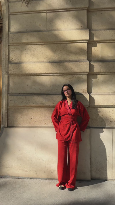 Kimono and trouser set in red Mlifa jacquard silk with handmade sfifa and burgundy buttons