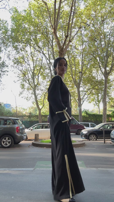 Black silk crepe Moroccan jellaba dress with golden handcrafted sfifa and hood