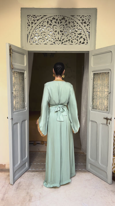 Kabyle Kaftan in light green organza with traditional wool belt - elegant Berber bridal or formal wear.