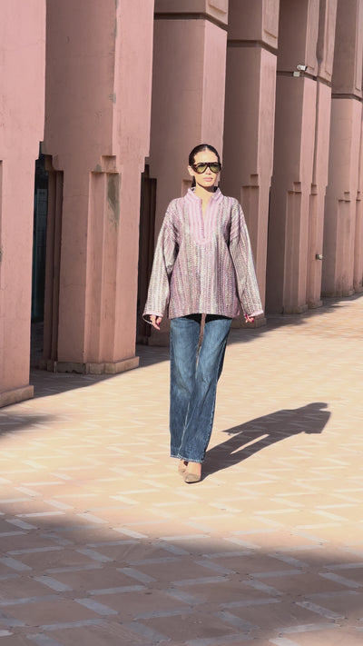 Women's silver-violet tweed shirt, Moroccan sfifa collar, elegant handmade shirt.