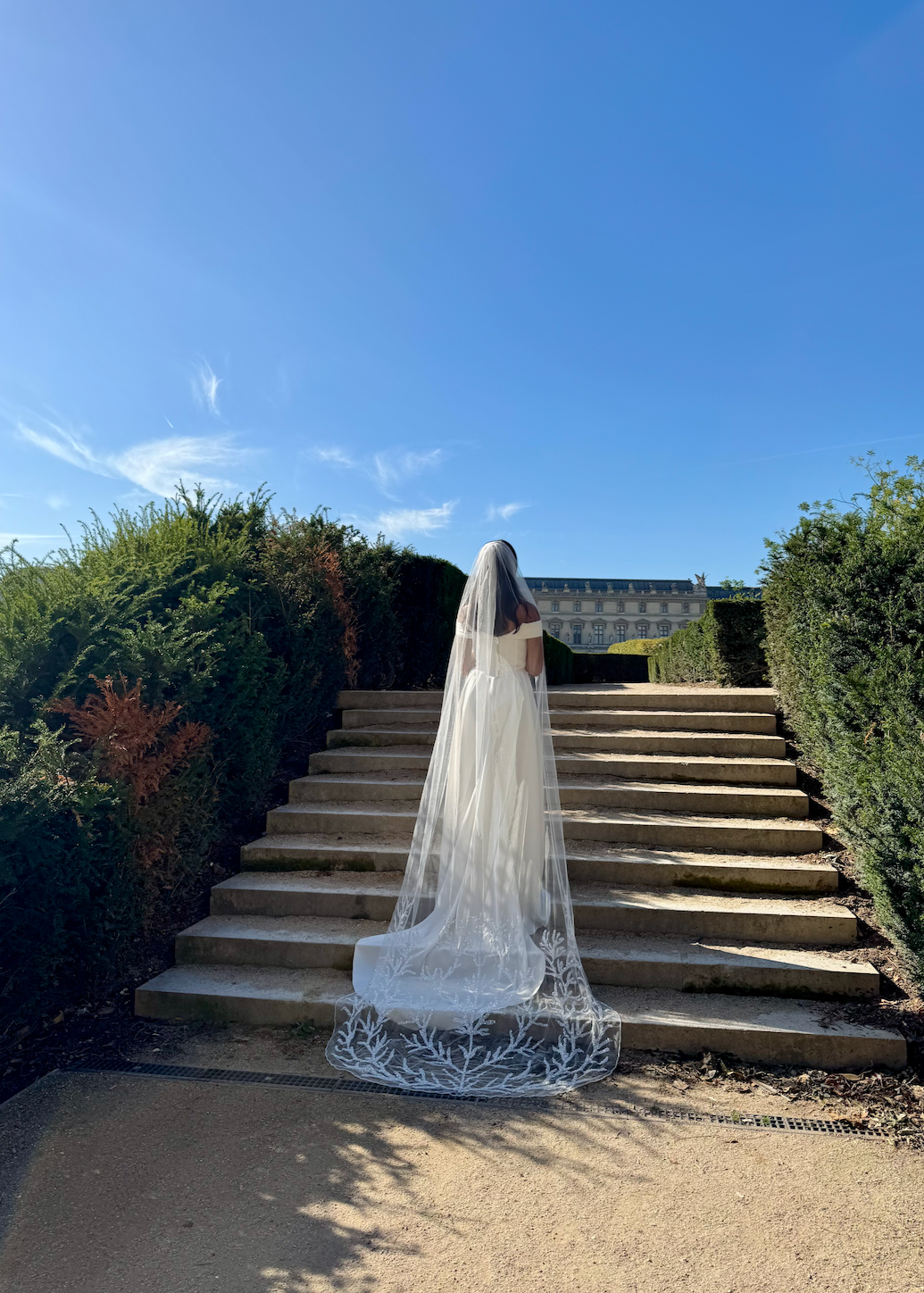 Bride from behind wearing a long veil embroidered with foliage with sparkling sequins, falling to the floor
